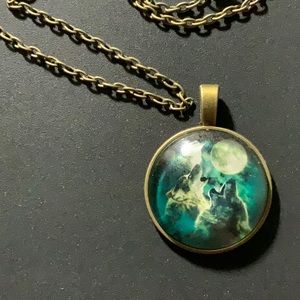 Bronze Cabochon Necklace - Wolves Howling Moonlight